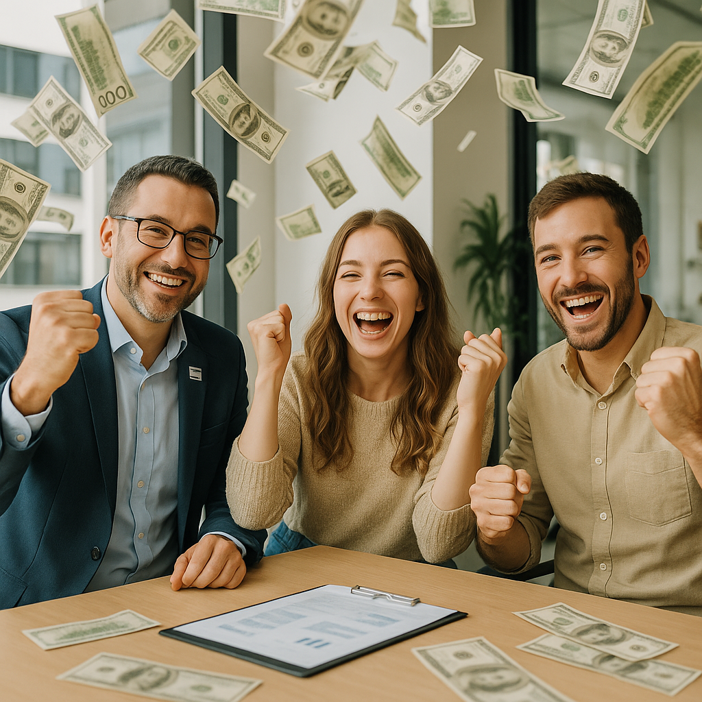 אנשים מחייכים עם כסף עף באוויר - החזרי מס